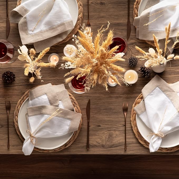 Linen Napkins 20 x 20 inch - 100% Pure Linen White and Natural Dinner Napkins Set of 4 - Hemstitch Napkins Cloth Washable for Easter Day and Spring Decor - Image 5