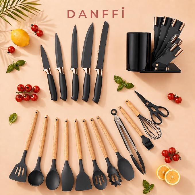 19-Piece Black Kitchen Utensils Set with Knife Set & Cutting Board - Silicone Cooking Utensils with Wooden Handles, Rose Gold Accents, Scissors, Whisk & Tongs - BPA-Free Modern Black Kitchen Gift Set - Image 4