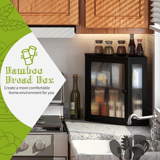 BMOSU Corner Bread Box for Kitchen Countertop Double Layer Bamboo Wooden Bread box Large Capacity Bread Storage Bin(Black, Medium) - Image 2