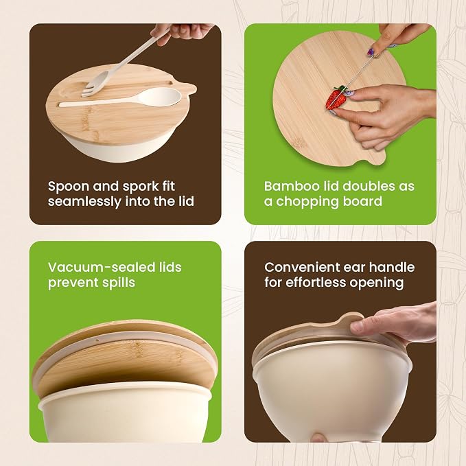 Bamboo Eco Salad Bowl Set - Set of 3 Salad Bowls Large with Seal Lid & Serving Utensils - Bamboo Fiber Bowl Set Perfect for Mixing, Serving, and Storage - Cream White - Image 5