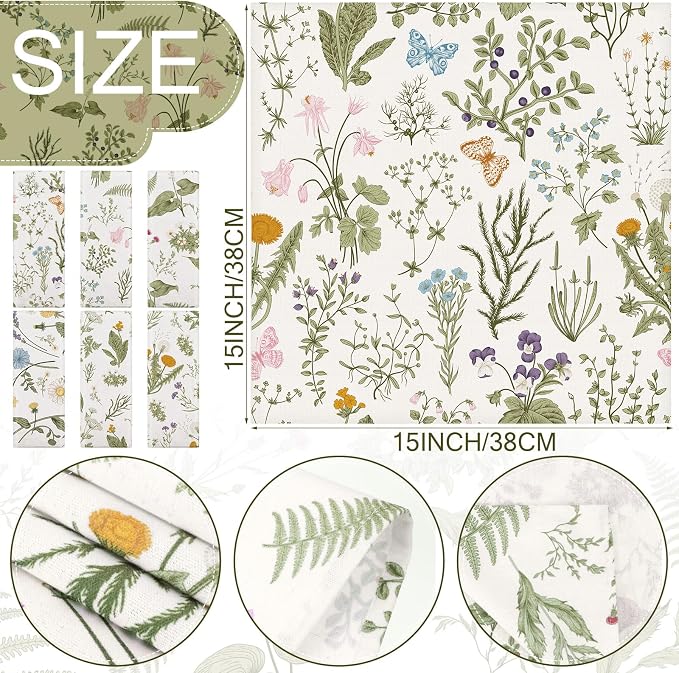 Funnymoom 24 Pcs Herbs and Wild Flowers Cloth Napkins Floral Plants Reusable Napkins Country French Toile Dinner Soft Absorbent for Summer Holiday Party - Image 3