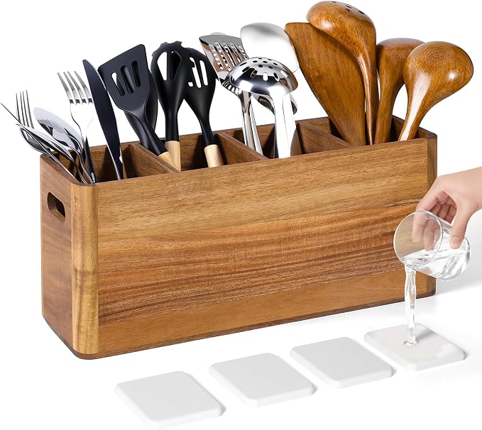Wooden Utensil Holder for Kitchen Counter, Extra Large Utensil Holder with 4 Compartments for Cooking and Silverware, Kitchen Utensil Organizer Acacia Wood Rustic Kitchen Decor (Brown, 4 Compartment) by Unknown