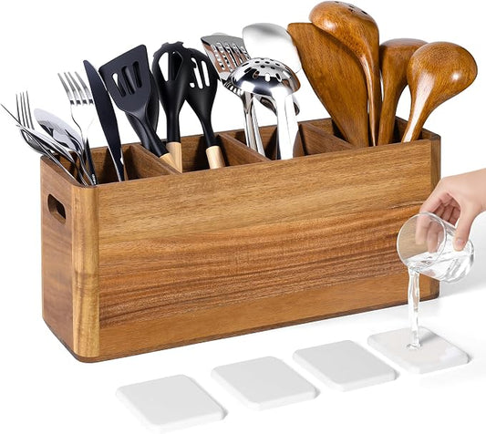 Wooden Utensil Holder for Kitchen Counter, Extra Large Utensil Holder with 4 Compartments for Cooking and Silverware, Kitchen Utensil Organizer Acacia Wood Rustic Kitchen Decor (Brown, 4 Compartment) by Unknown