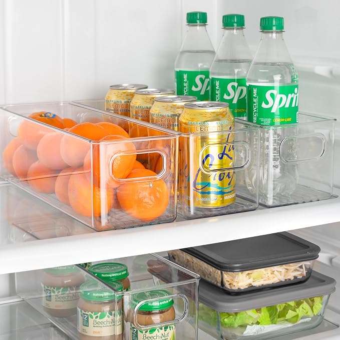 Plastic Food Storage 4 Pack Clear Container Bin with Handles for Organizing Kitchen, Pantry, Refrigerator, Freezer, Pantry, Cabinet, Closet, Bathroom. 14”x4”x4” - Image 7