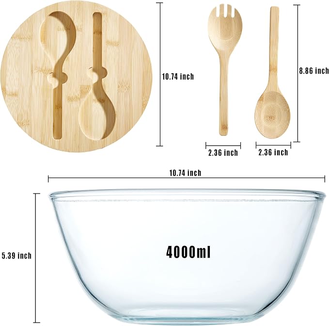 Glass Salad Bowl With Lid, 4.7 Quart Large Glass Mixing Bowls Serving Bowls With Bamboo Utensils, 10.7Inch Trifle Bowl for Salad, Pasta, Dessert Display Cake, Microwave Safe - Image 3