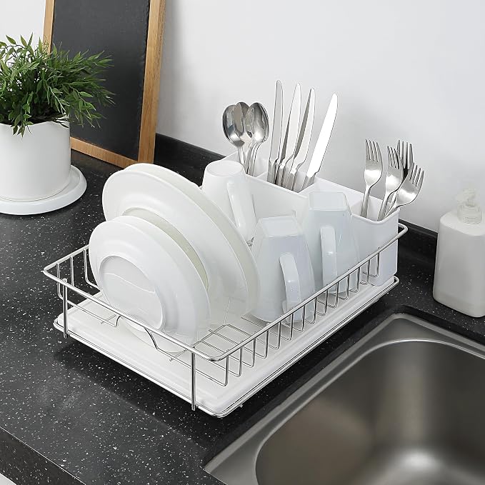 SunnyPoint 304 Stainless Steel Dish Drying Rack with Diatomaceous Earth Drainboard & Removable Utensil Caddy – Rust Resistant Countertop Dish Rack for Kitchen (Silvery-Grey) - Image 2