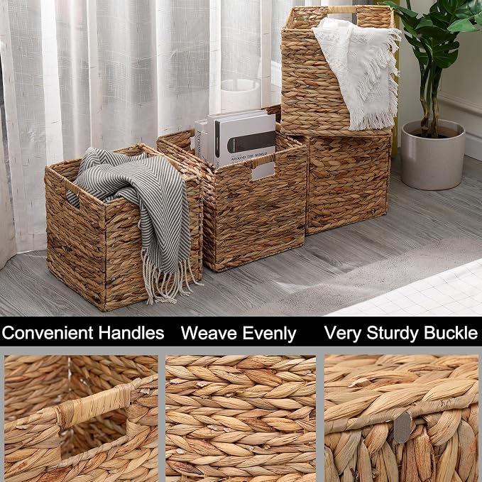 11x11in Storage Baskets 4 Pcs Water Hyacinth Baskets,Foldable Handwoven Storage Cubes - Image 5