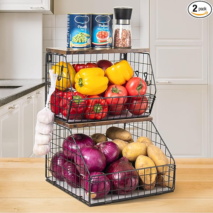 Mefirt Fruit Basket, Stackable Wall Mounted Fruit Baskets, Potato Baskets Onion Storage for Kitchen, Hanging Wire Basket with Wood Lid, 2-Tier Vegetable Organizer Kitchen Countertop Organization | Hanging Potato Basket Wire Basket with Wood Lid, 2-Tier... by Mefirt