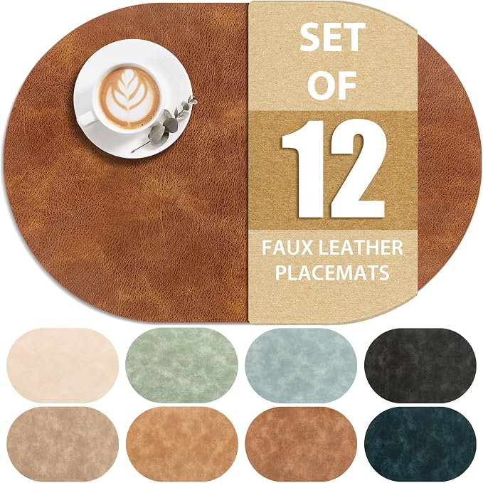 ADRIMER Placemats, Heat Resistant Oval Placemats Set of 12 Washable 12 x 17 Inch, Waterproof Table Mats, Wipeable Pu Place Mats for Kitchen, Dining Room, Turmeric Brown by Adrimersdreamistobeanindispensablecompanioninyourlife