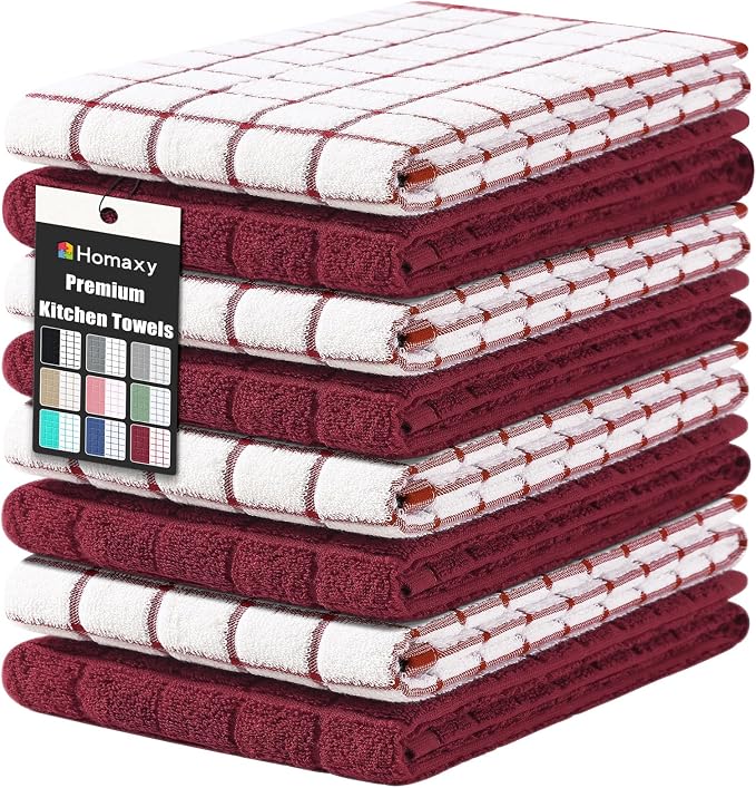 Homaxy Large Premium Cotton Kitchen Towels 16"x 28", 8 Pack, Red | Natural Ring Spun 390 GSM Dish Towels, Super Absorbent Terry Kitchen Hand Towels, Soft Tea Towels with Hanging Loop by Homaxy