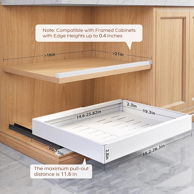 Seinloes 4 Pack Pull Out Cabinet Organizers 21" Deep With Raising Pad for Framed Cabinets, Expandable Width (15.2"-26.3") Slide Out Drawers Upgrade 3 Slide Rails, Roll Out Shelves Adhesive, White - Image 4