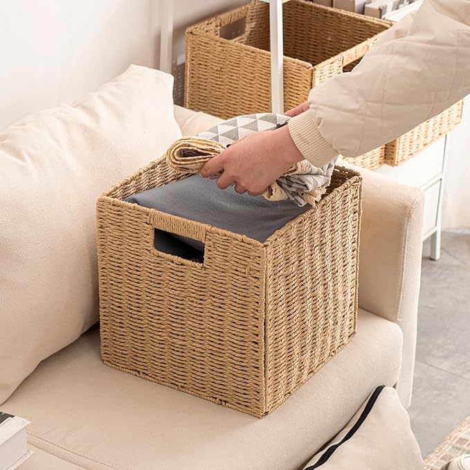 Foldable Storage Baskets with Handles Paper Rope Storage Baskets Rectangle Collapsible Hand Woven Storage Cubes Bins for Organizing Shelves Living Room Bedroom Pantry (4, 13'' x 13'' x 13'') - Image 6