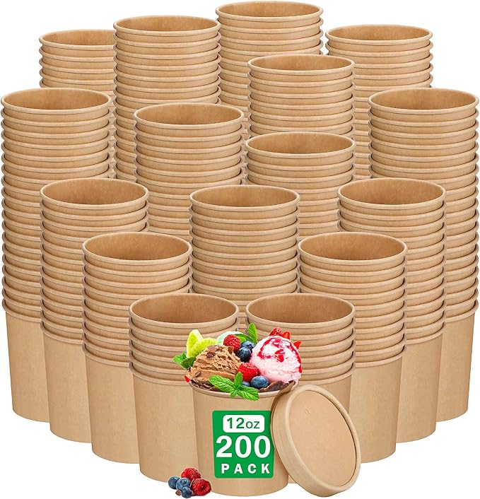 Irenare 200 Pack 12 oz Disposable Containers with Lids for Soup Ice Cream Food Fruit Bulk Paper Bowls Storage Cups with Lids, Microwavable and Freezer Safe(Brown) by Irenare