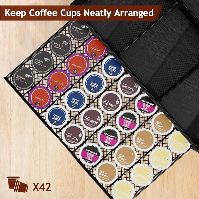 Coffee Bar Organizer - Coffee Station for Countertop, Metal and Wood K Cup holder Storage Basket with Drawer for Syrup, Cups, Stirrer, Condiment, Tea Organizer, Black - Image 4