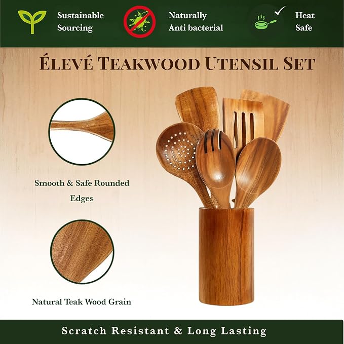 9 Piece Teak Wooden Spoons, Spatula & Ladle Set, Non-Stick Safe, Food Grade | Set of 7 Versatile Wood Spatula for Cooking & Serving, Includes Utensil Holder & Spoon Rest, Modern Kitchen Utensils & Tools - Image 8