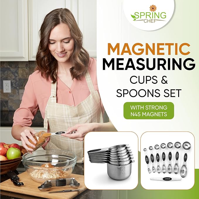 Spring Chef Magnetic Measuring Cups & Spoons Set of 15 with Leveler, Black & Stainless Steel Large Box Grater with Handle - 2 Product Bundle - Image 2