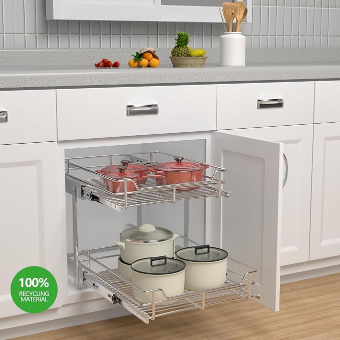 2-Tier Cabinet Pull Out Shelves, 20" W x 22" D, Chrome | Heavy-Gauge Wire Kitchen Cabinet Organizer, 100 lbs Capacity, Ball-Bearing Glides, Min 21" Opening, Pots & Pans Organizer - Image 2