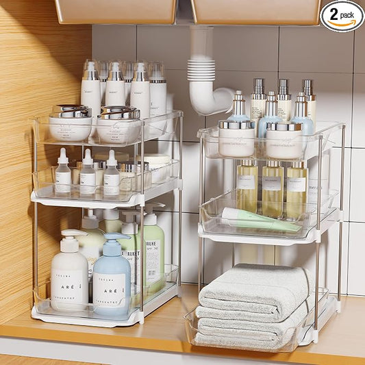 Delamu 2 Sets of 3-Tier Bathroom Under Sink Organizers and Storage, Multi-Purpose Stackable Pantry Organization and Storage, Pull Out Clear Kitchen Bathroom Cabinet Organizer with Movable Dividers | Storage by DELAMU