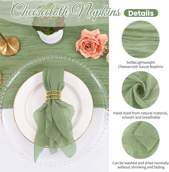 50 Pack Sage Green Napkins 20x20Inch Cheesecloth Napkins | Elegant Cloth Napkins for Table, Washable Rustic Boho Gauze Napkins, for Wedding Party Bridal Baby Shower Dinner Table Decor - Image 4