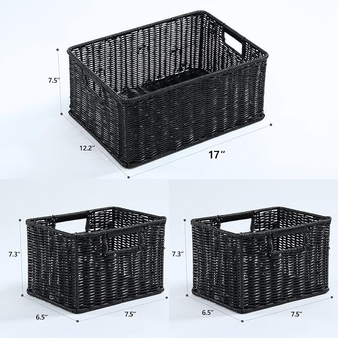 HOONEX Large Wicker Baskets for Storage, Woven Plastic With Dual Handles, Set of 3, Black - Image 7