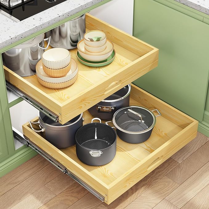 Pull Out Cabinet Organizer, Soft Close Wooden Slide Out Drawers for Pots and Pans, Full-extension Roll Out Shelves for Kitchen Cabinets, Pantry Organization, Bottom & Side Mount(17"W X 21"D x 3.4''H) by Kitstorack