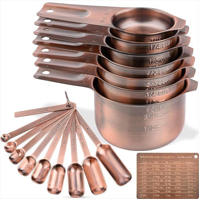 Measuring Cups and Spoons Set, Copper Measuring Cups and Spoons Set for Dry & Liquid, Metric&US 7 Stainless Steel MeasureR Cup&9 Spoon Leveler & Measure Enquivalents for Kitchen & Baking by Smithcraft