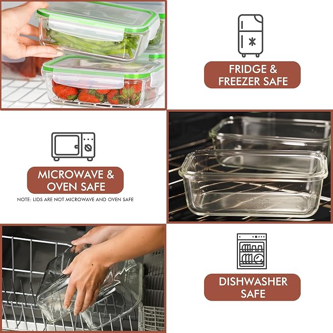Razab 16 Pc (Set of 8) 30 Oz Glass Meal Prep Containers with Lids, Airtight Large Glass Food Storage Containers, Reusable Leak Proof BPA Free, Freezer to Oven and Dishwasher Safe - Image 5