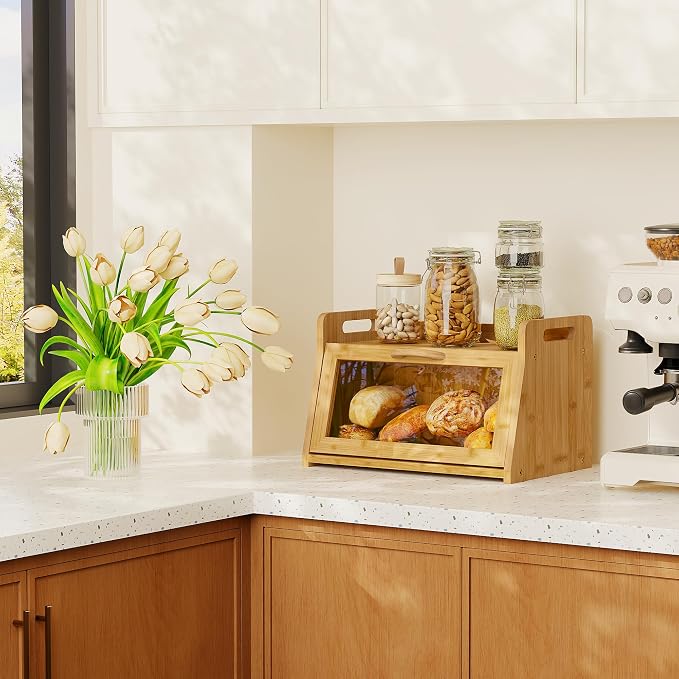 BAMBANG Extra Large Bread Box, Bread Box for Homemade Bread, Bamboo Wooden Bread Storage Container with Tool Holder & Handles & Window, Assembly Required(14.9" x 9.8" x 9.4") Natural - Image 9