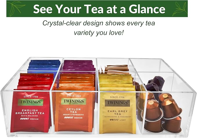 Heavy-Duty Acrylic Tea Bag Organizer, 8-Compartment Storage Box | Perfect Organizer: 8-compartment design keeps tea bags and coffee pods neatly sorted, saving space on your countertop. - Image 4