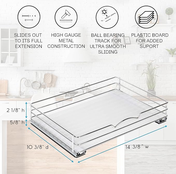 Pull-Out Cabinet Spice Rack Organizer, 14 ⅜"W x 10 ⅜"D x 2 ¾"H | Slim Slide-Out Storage for Spices, Bottles & Jars, Premium Heavy-Duty Steel, Easy Install for Narrow Kitchen Cabinets, Chrome - Image 7