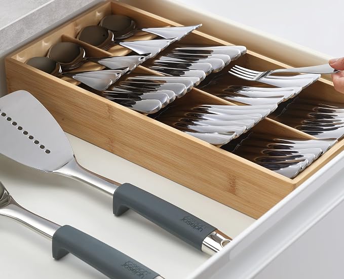 Joseph Joseph Drawer Store Large Compact Flatware, Silverware, Cutlery Drawer Organizer, 8 compartments, Holds 48 Pieces, Bamboo - Image 4