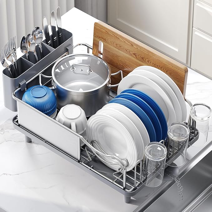 Urackify Stainless Steel Dish Drying Rack for Kitchen Counter, 16.9" x12.4" | Rustproof dish rack with utensil holder, 16.9" L x 12.4" W Large Capacity, Dish Drainer for Plates Dishes Sliverware, Grey - Image 8
