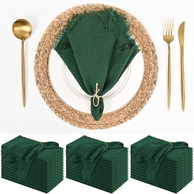 36 Pack Dark Green Cloth Napkins, 12 x 12 Inch Cotton with Fringe Settings | Handmade washable reusable cotton dinner napkins in bulk for weddings, parties, rustic boho table settings by FXKS