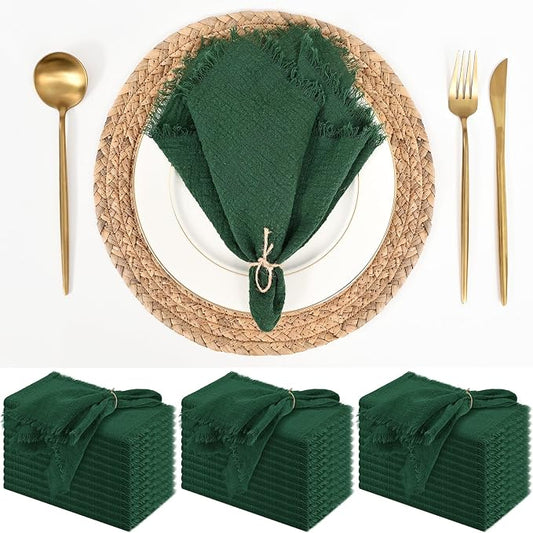 36 Pack Dark Green Cloth Napkins, 12 x 12 Inch Cotton with Fringe Settings | Handmade washable reusable cotton dinner napkins in bulk for weddings, parties, rustic boho table settings by FXKS