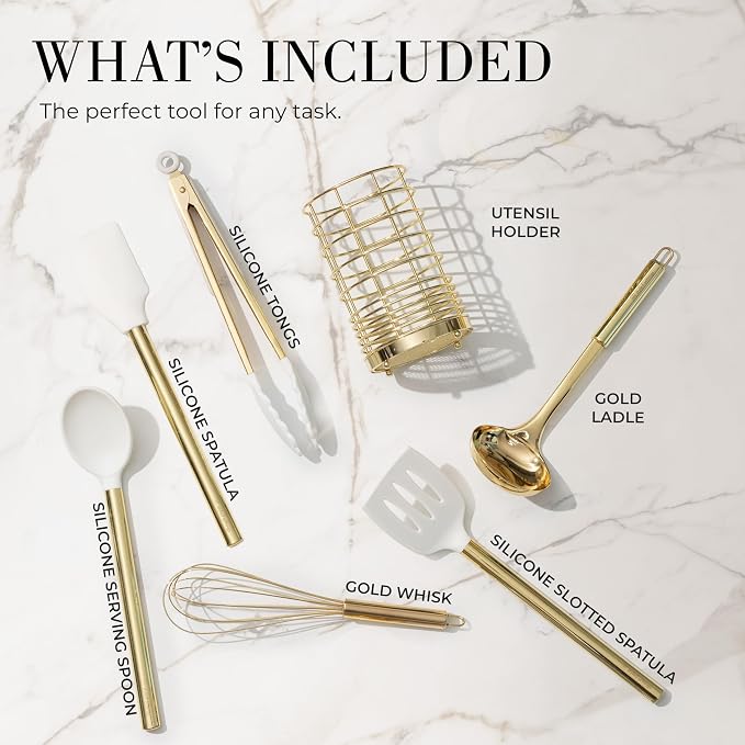 Styled Settings White and Gold Kitchen Utensils, 7-Piece | Nonstick Silicone Cooking Utensils Set with Gold Utensil Holder, White and Gold Kitchen Accessories for Modern Kitchens - Image 3