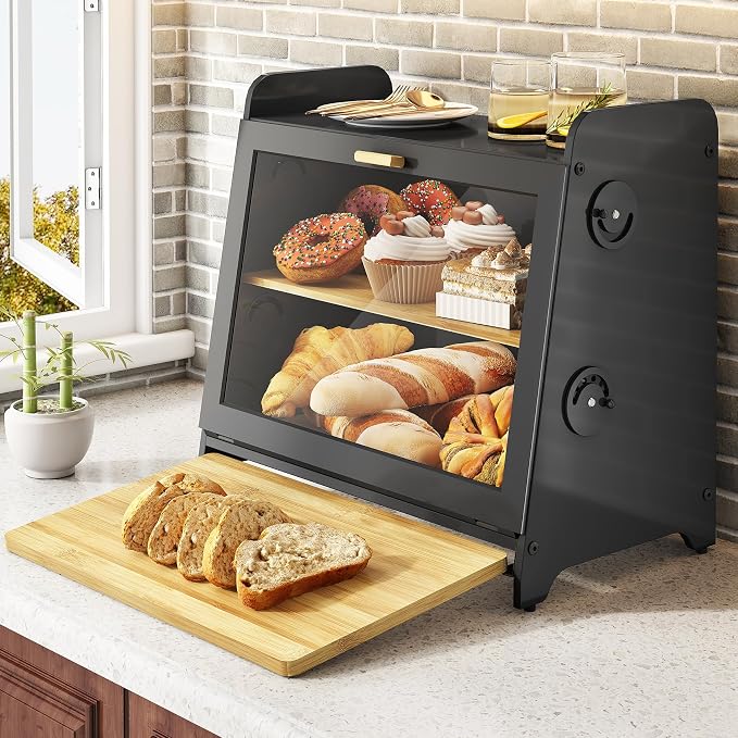 SNTD Airtight Bread Box for Kitchen Countertop, Bamboo Cutting Board, Black | Adjustable Vent Hole, Sorted Storage, Natural Wood, Magnetic See-through Door, Metal Frame, Homemade Bread Storage Container by SNTD