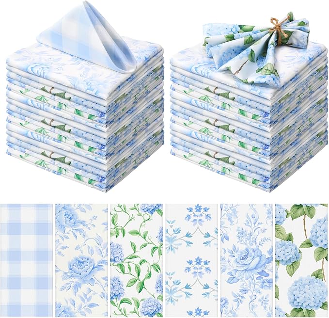 12 Pcs Floral Cloth Napkins 6 Patterns Washable Dinner Tea Party Napkins Reusable Plant Flowers Square Napkin Cotton Towel Decorative for Summer Wildflower Party(Blue Hydrangea) by Unknown