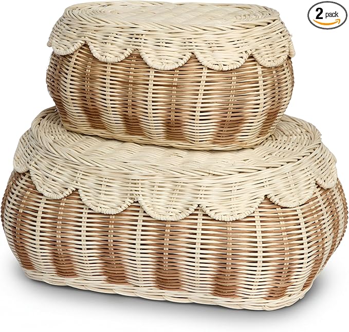BEBE BASK The Original Scalloped Basket with Lid - Set of 2 (15x11x6 In) | Award Winner, Hand-Woven Rattan Scalloped Wicker Basket with Lid, Storage Baskets with Lids for Organizing, Scallop Basket by BEBEBASK%C2%AE