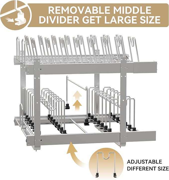 2-Tier Pots and Pans Organizer Under Cabinet Kitchen 21" W *22" D | Pull out Cabinet Organizer for Pots, Pans, and Lid Cookware, Adjustable Heavy Duty Wire Pan and Pot Rack, Full-Extension Rail - Image 4
