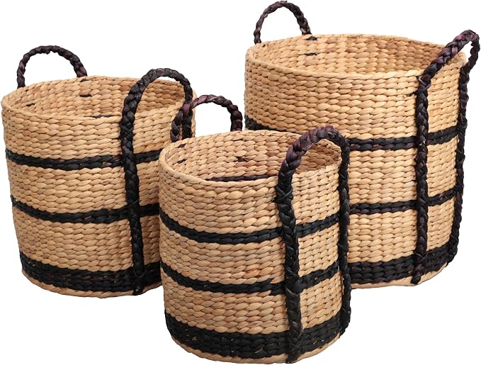 happimess Willow 3-Piece Nesting Hyacinth Baskets 19", Natural/Black | Handwoven, Rustic Cottage Stripe, Integrated Side Handles, Decorative Storage Containers, Living Room, Bedroom by Happimess