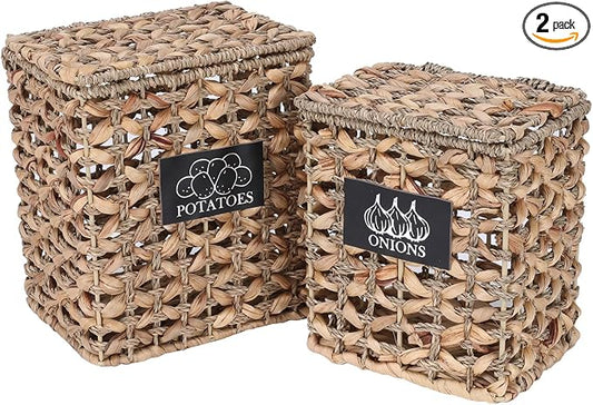 2 Pack Potato and Onion Storage, Onion Container Potato Bin with Lids, Handwoven Vegetable Storage Produce Basket, Mesh Basket with Aerating Holes, Kitchen Pantry Organizer and Storage by Xbopetda