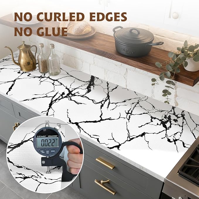 2-Layer Drawer and Shelf Liner for Kitchen Cabinet: 23.6in X 30Ft Non Slip | Waterproof Shelf Paper Non Adhesive Refrigerator Liners White/Black Marble Easy Liners for Bathroom with Knife Tape Measure - Image 8