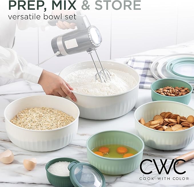 COOK WITH COLOR Prep Bowls with Lids- Wide and Deep Nesting Plastic Small Mixing Bowl Set with Lids, 12 Piece Set - Wide Bowls, Green - Image 2