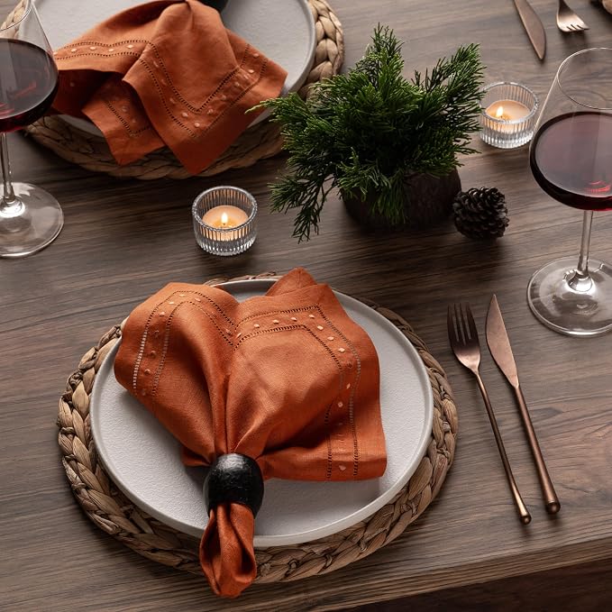 Linen Napkins Set of 4-100% Flax Linen Orange Dinner Napkins with Embroidered Dot 18 x 18 inch - Hemstitch Cloth Napkins Washable for Fall, Halloween and Thanksgiving, Autumn Decor - Image 6