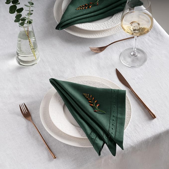 Linen Napkins Set of 4-100% Pure Linen Forest Green Embroidered Dinner Napkins 18 x 18 inch - Classic Hemstitch Cloth Napkins Washable for Winter and Christmas Decor - Image 8