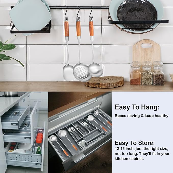 Stainless Steel Kitchen Utensils Set for Cooking Wooden Handle | 304-Healthy;Wooden handle-Anti-scald;Good length,hanging hole-Easy to store;Includes everything from spatulas to a masher - Image 6