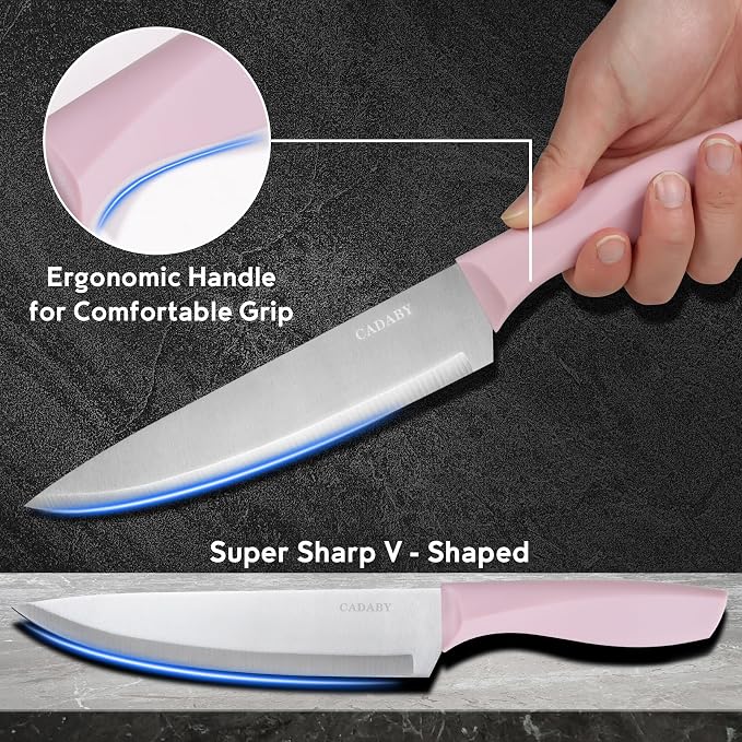19 PCS Pink Kitchen Cooking Utensils Set Kitchen Tools Set | 6 Stainless Steel Knives, 11 Silicone Utensils with 1 Cutting Board, Ideal for Apartment - Image 6