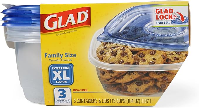 Glad GladWare XL Square Food Storage Containers with Lock Tight Lids, Family Size No BPA Plastic Containers for Leftovers and Meal Prep, Reusable Dishwasher Safe, 104 Oz, 3 Count - 3 Pack - Image 8