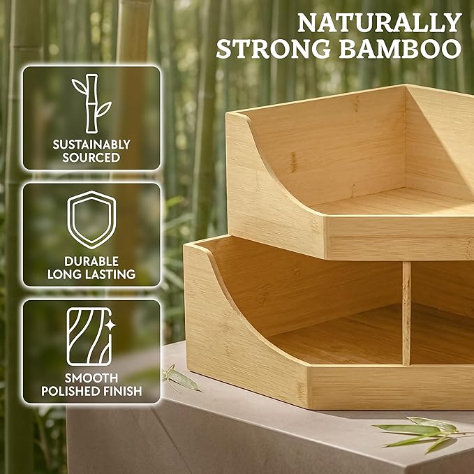HOMESTEAD Bamboo Corner Storage Bin, 2-Tier Stackable Potato and Onion Storage Bin for Kitchen Counter Corner Shelf, Wooden Produce Storage Pantry Organizer, Fruit & Vegetable Holder, Medium - Image 7