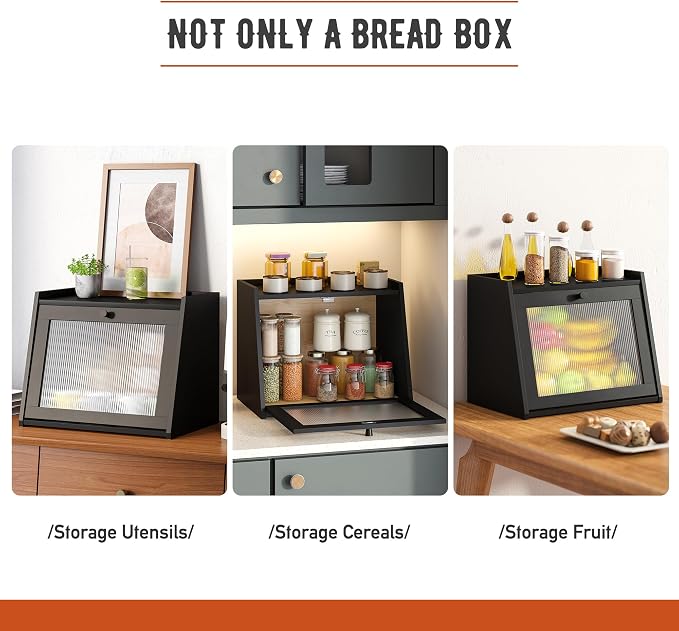 GHWIE Large Bread Box, Easy Access & Cleaning - Bamboo Bread Box for Kitchen Countertop with Acrylic Door (Black, Large) - Image 3